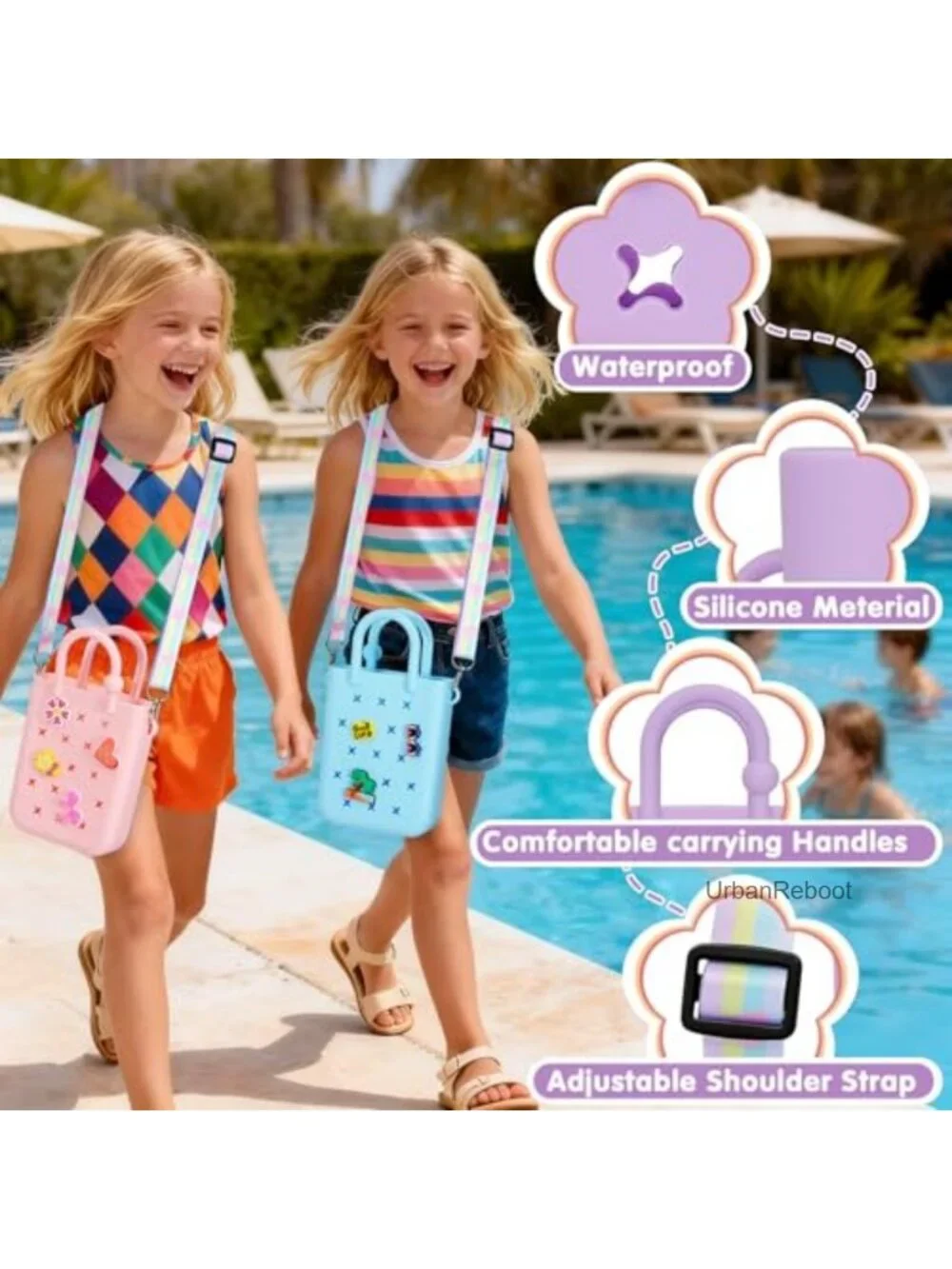 Mini Silicone Tote Bag with 20 Charms Adjustable Strap Beach Tote Girls